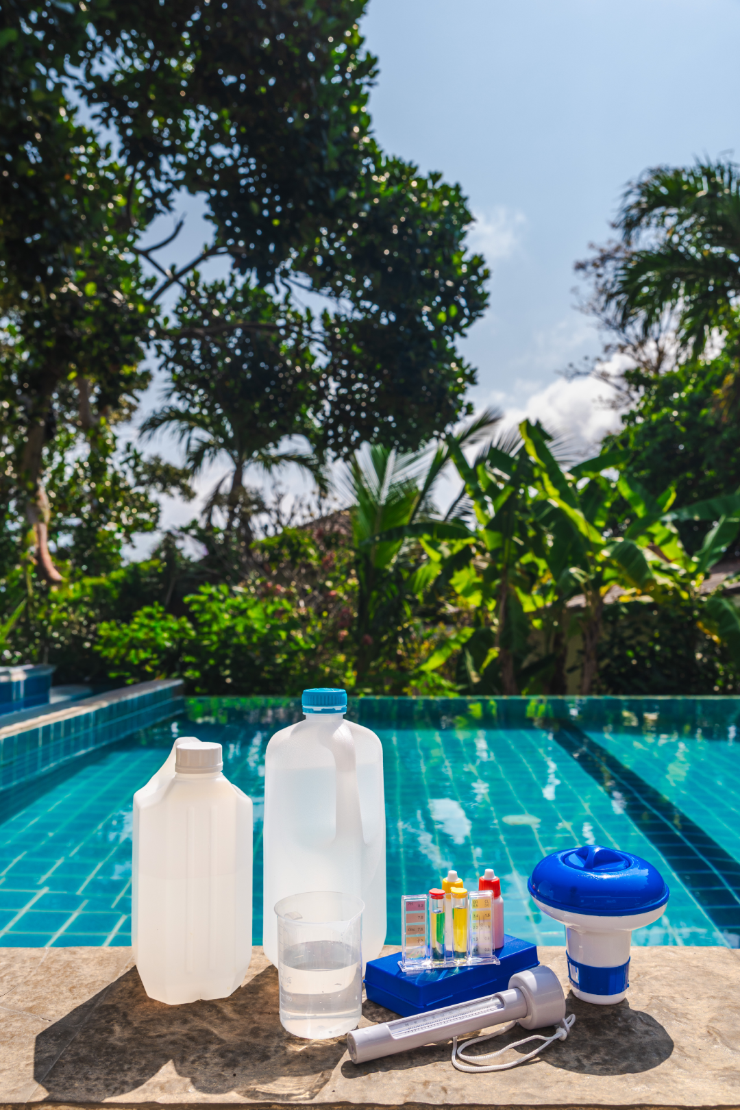 Piscina con agua cristalina correctamente tratada con reactivos Taylor